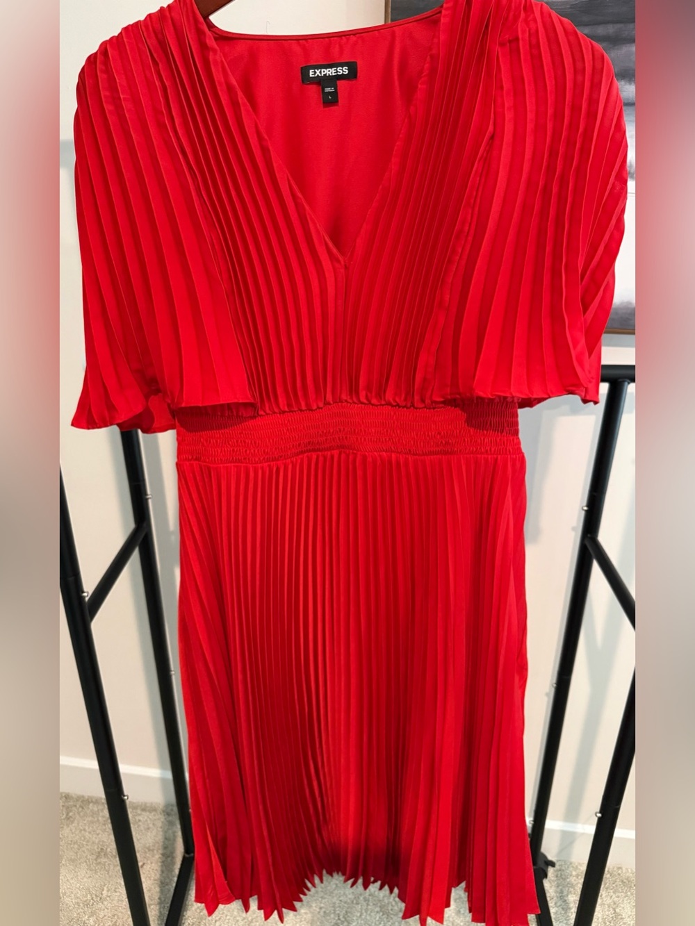 Express Red Pleated V-Neck Midi Dress